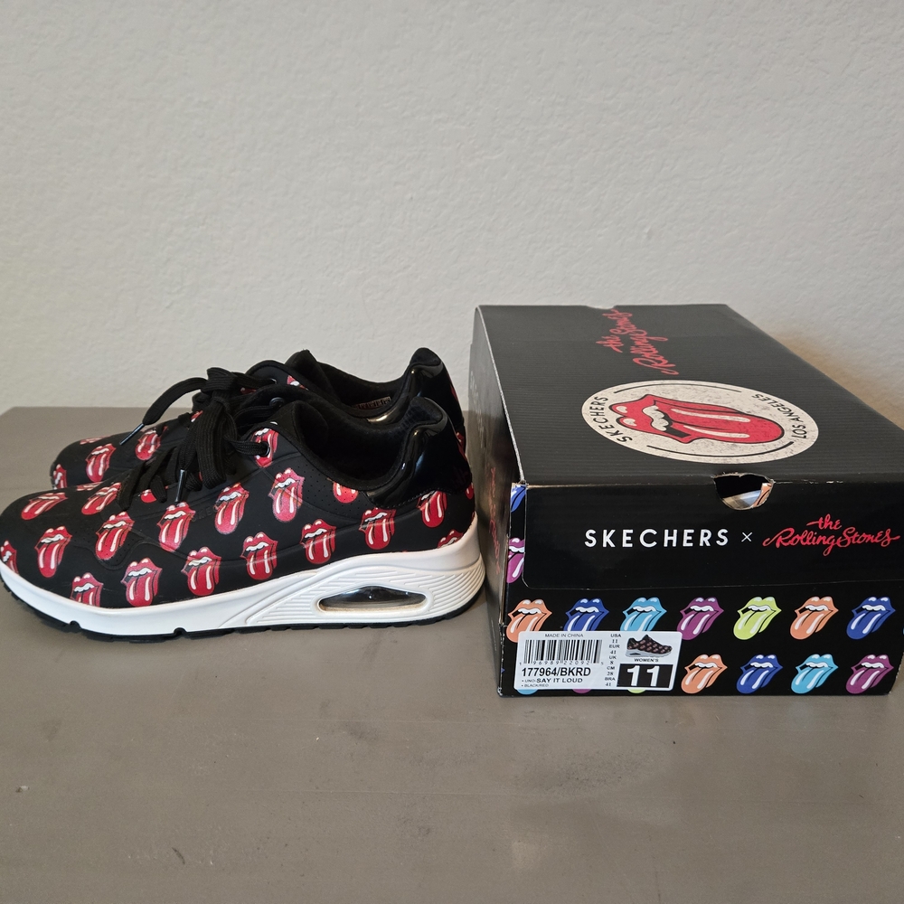 the Rolling Stones Black Sneakers with Red Tongue Pattern